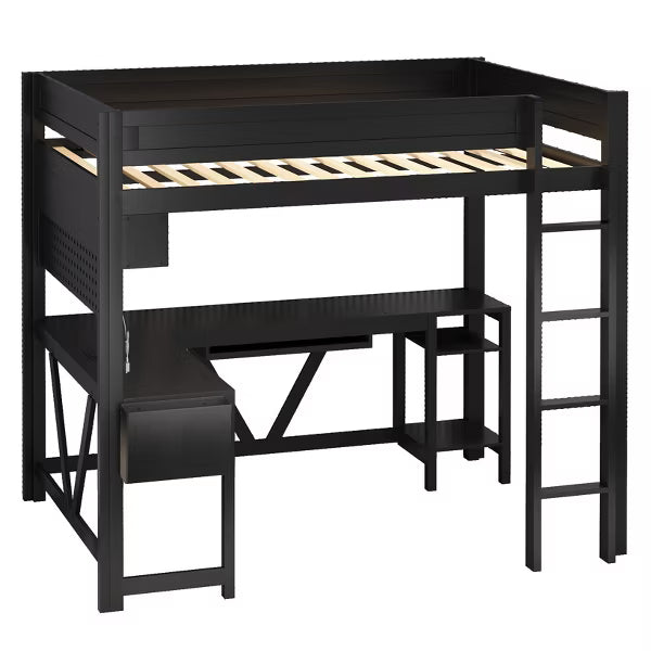Polibi Full Size Gaming Loft Bed with Desk, Shelves, Outlets, USB Ports and 7-Color LED Light Strip