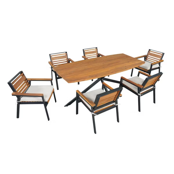 Polibi 7-Piece Acacia Wood Outdoor Dining Set with 74.8" Slatted Table & 6 Cushioned Armchairs, Beige