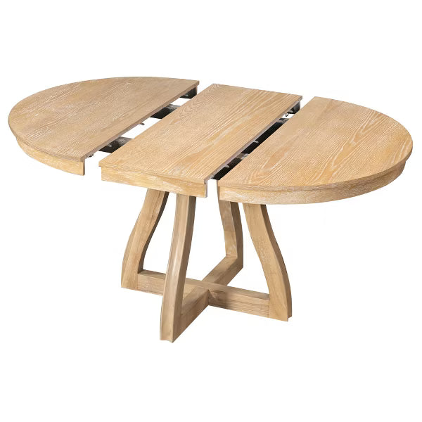 Polibi Extendable Dining Table with X-Shaped Sculptural Base & Curved Leg Stability Design, Natural Wood Wash