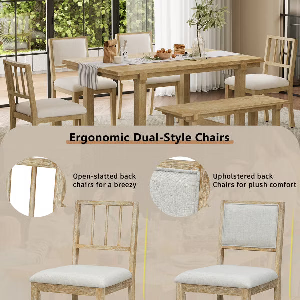Polibi 6-Piece Dining Set with Oak Veneer Table, Natural Wood Wash & Beige