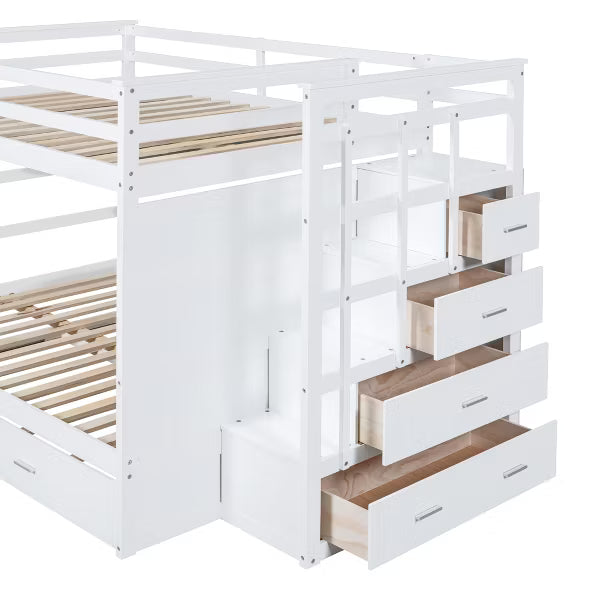 Polibi Full Over Full Bunk Bed with Pull-Out Twin Trundle, Storage Staircase & Safety Guardrails, White
