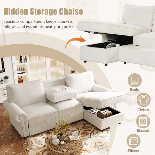 Polibi Reversible Storage Chaise Sleeper Sectional Sofa with Pull-Out Bed & Cup Holder Console, Beige