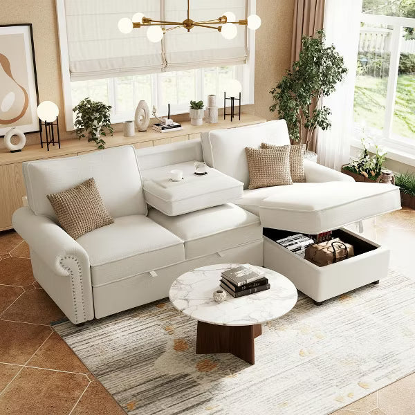 Polibi Reversible Storage Chaise Sleeper Sectional Sofa with Pull-Out Bed & Cup Holder Console, Beige