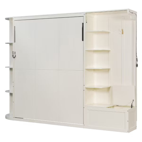 Polibi Queen Wall Bed with Side Bookshelves, Hidden Storage Chest, Reading Lights & Shelf LED Strip