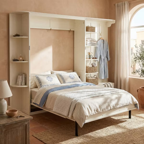 Polibi Queen Wall Bed with Side Bookshelves, Hidden Storage Chest, Reading Lights & Shelf LED Strip