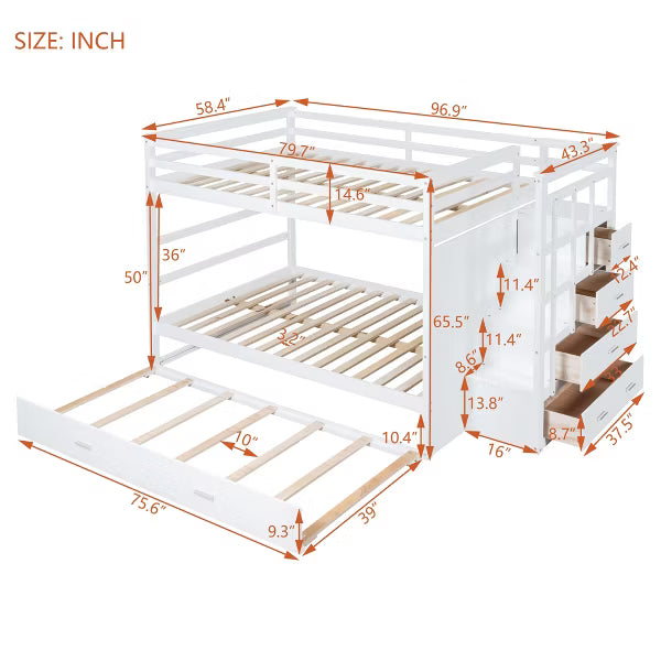 Polibi Full Over Full Bunk Bed with Pull-Out Twin Trundle, Storage Staircase & Safety Guardrails, White