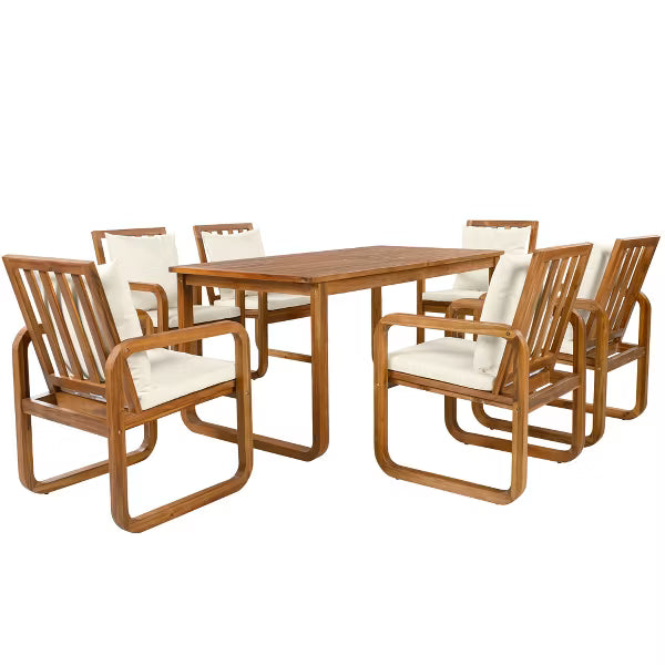 Polibi 7-Piece Acacia Patio Dining Set with Sculpted Loop Armchairs