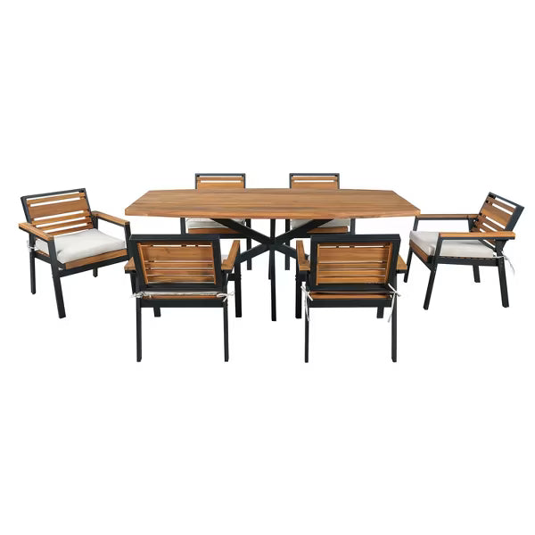 Polibi 7-Piece Acacia Wood Outdoor Dining Set with 74.8" Slatted Table & 6 Cushioned Armchairs, Beige