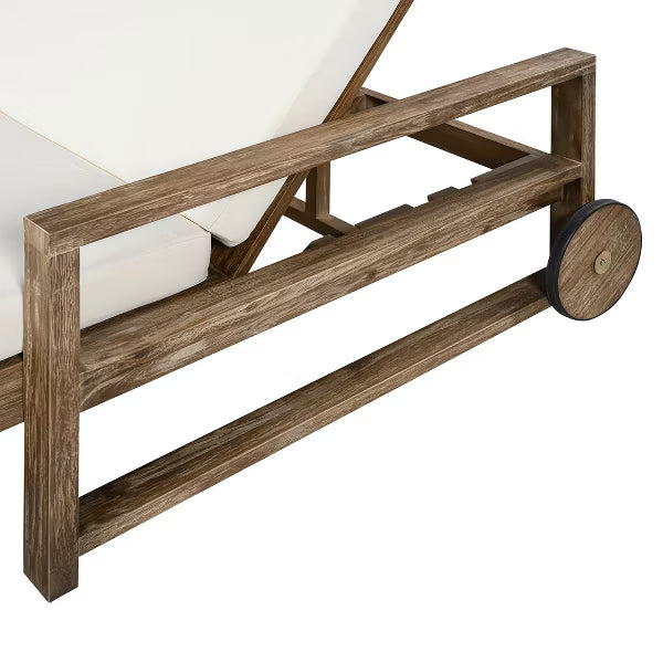 Polibi 2-Person Farmhouse Acacia Wood Outdoor Sunbed with Wheels, Beige