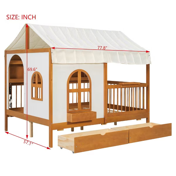 Polibi House Bed with Soft Tent Canopy, Bookshelf, Dual Drawers & USB Charging Ports
