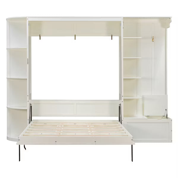 Polibi Queen Wall Bed with Side Bookshelves, Hidden Storage Chest, Reading Lights & Shelf LED Strip