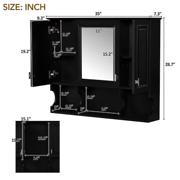 Polibi Modern Wall Mounted Bathroom Medicine Cabinet with Mirror, Open Shelves, Black