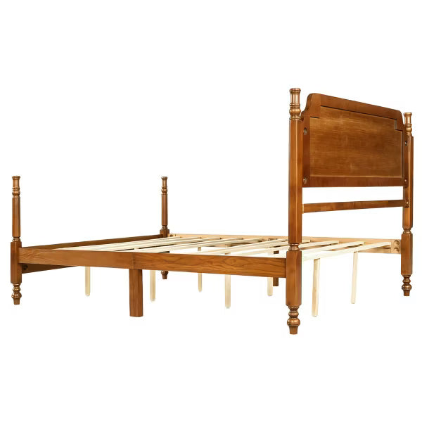 Polibi Spindle Post Bed Frame with Curved Wood Headboard, Queen, Walnut