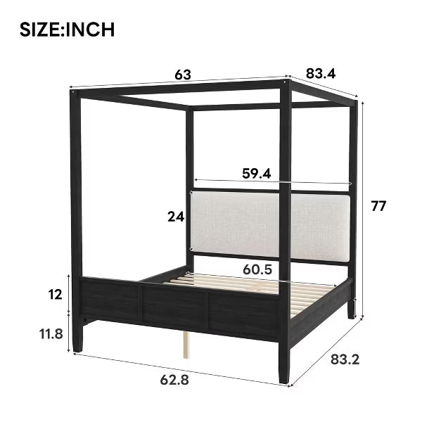 Polibi Modern Canopy Platform Bed with Upholstered Headboard, Queen, Black