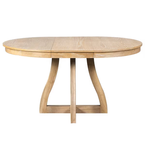 Polibi Extendable Dining Table with X-Shaped Sculptural Base & Curved Leg Stability Design, Natural Wood Wash
