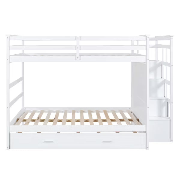 Polibi Full Over Full Bunk Bed with Pull-Out Twin Trundle, Storage Staircase & Safety Guardrails, White
