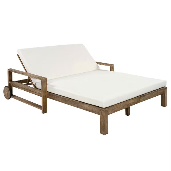 Polibi 2-Person Farmhouse Acacia Wood Outdoor Sunbed with Wheels, Beige