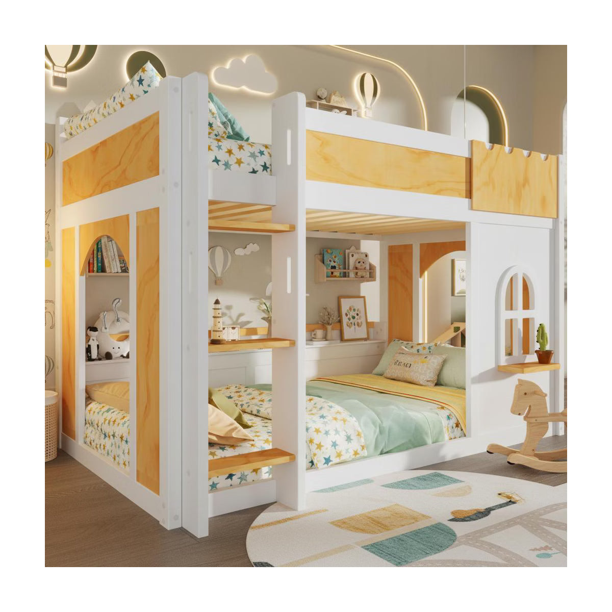 Polibi Kids Castle Loft Bunk Bed with Windows, Convertible Lower Play or Sleep Space, Twin