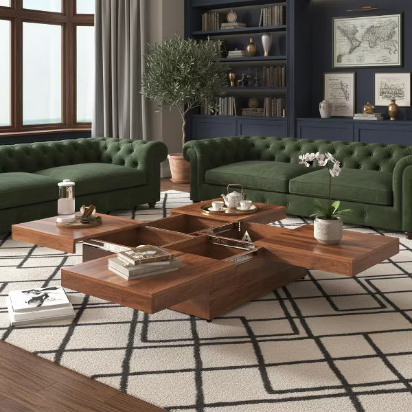 Polibi Hidden Storage Square Coffee Table, Walnut