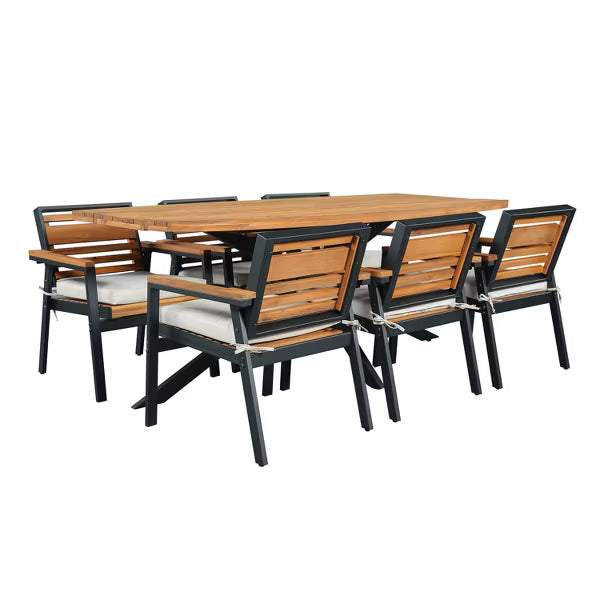 Polibi 7-Piece Acacia Wood Outdoor Dining Set with 74.8" Slatted Table & 6 Cushioned Armchairs, Beige