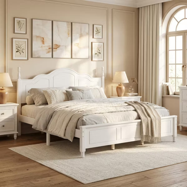 Polibi Retro-Style Wood Platform Bed Frame with Wooden Slat Support, King, White