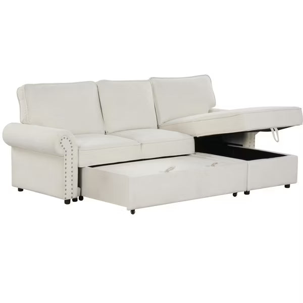 Polibi Reversible Storage Chaise Sleeper Sectional Sofa with Pull-Out Bed & Cup Holder Console, Beige