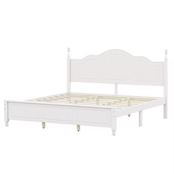 Polibi Retro-Style Wood Platform Bed Frame with Wooden Slat Support, King, White