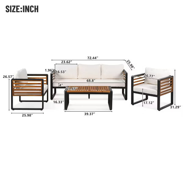 Polibi 4-Piece Outdoor Patio Conversation Set with Removable Cushions, Black & Beige