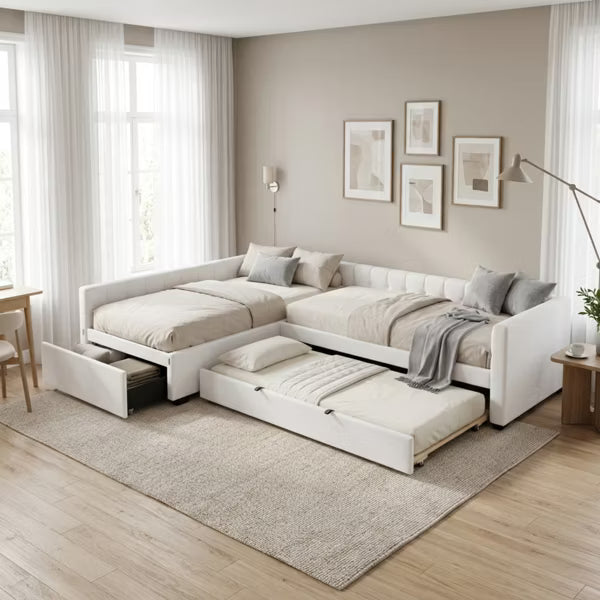 Polibi L-Shaped Convertible Upholstered Daybed with Trundle & Storage Drawer, Beige