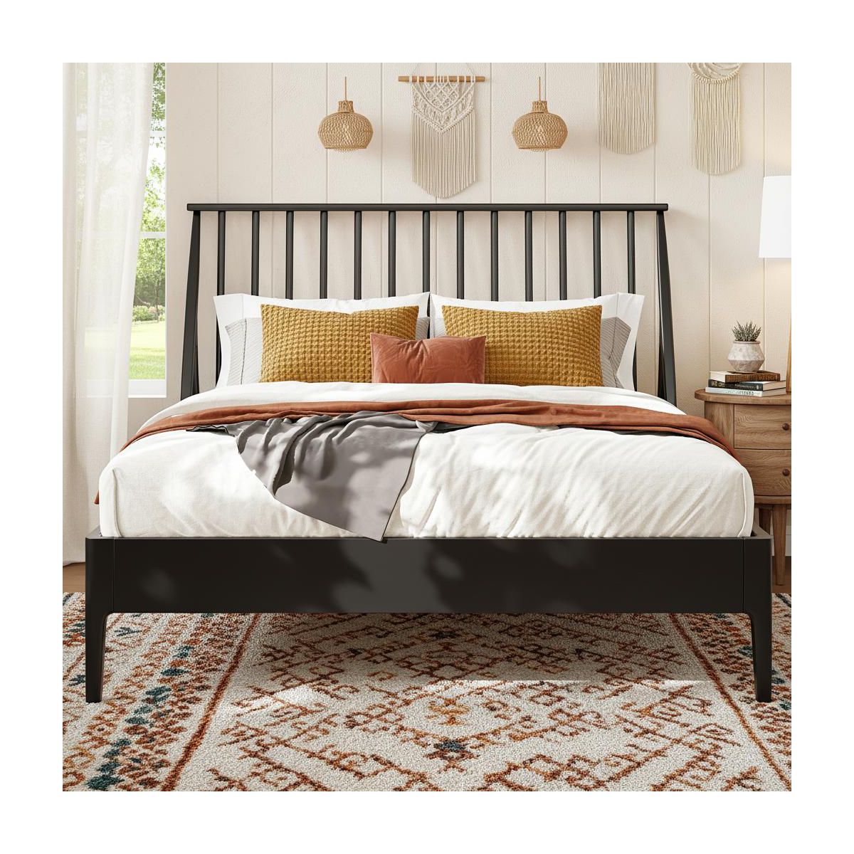 Polibi Boho Platform Bed Frame with Tall Slanted Headboard & Metal Support, King, Black