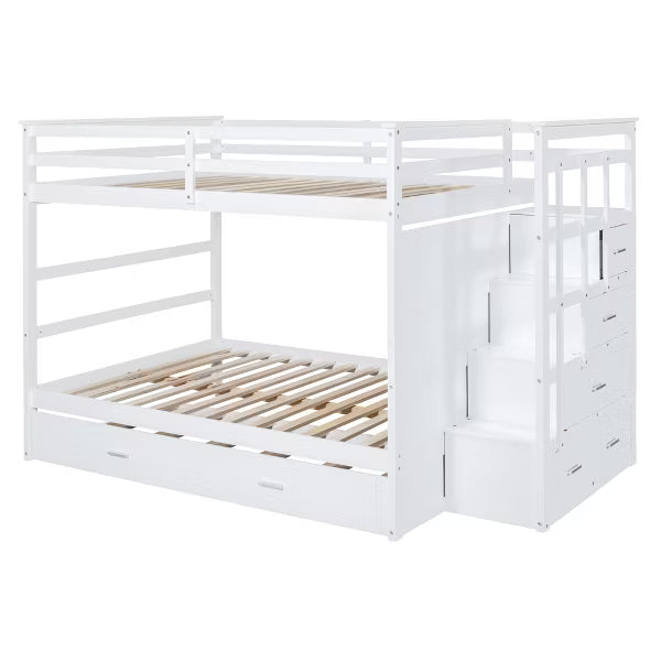 Polibi Full Over Full Bunk Bed with Pull-Out Twin Trundle, Storage Staircase & Safety Guardrails, White