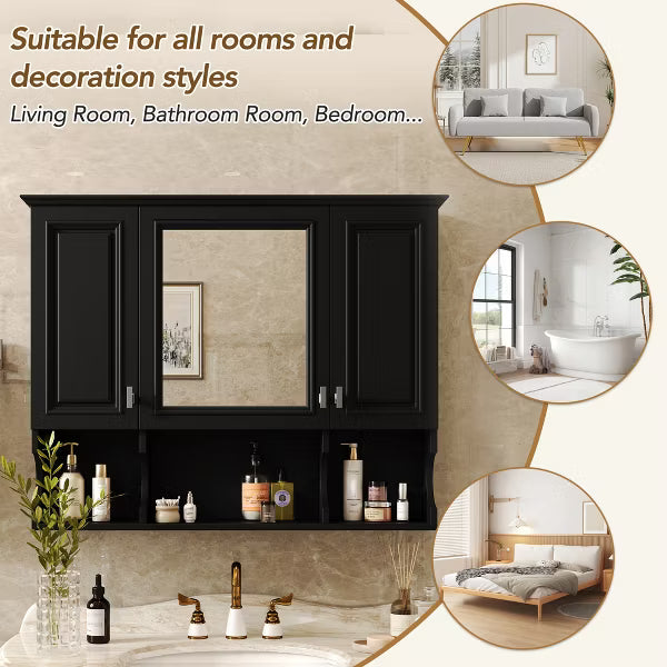 Polibi Modern Wall Mounted Bathroom Medicine Cabinet with Mirror, Open Shelves, Black