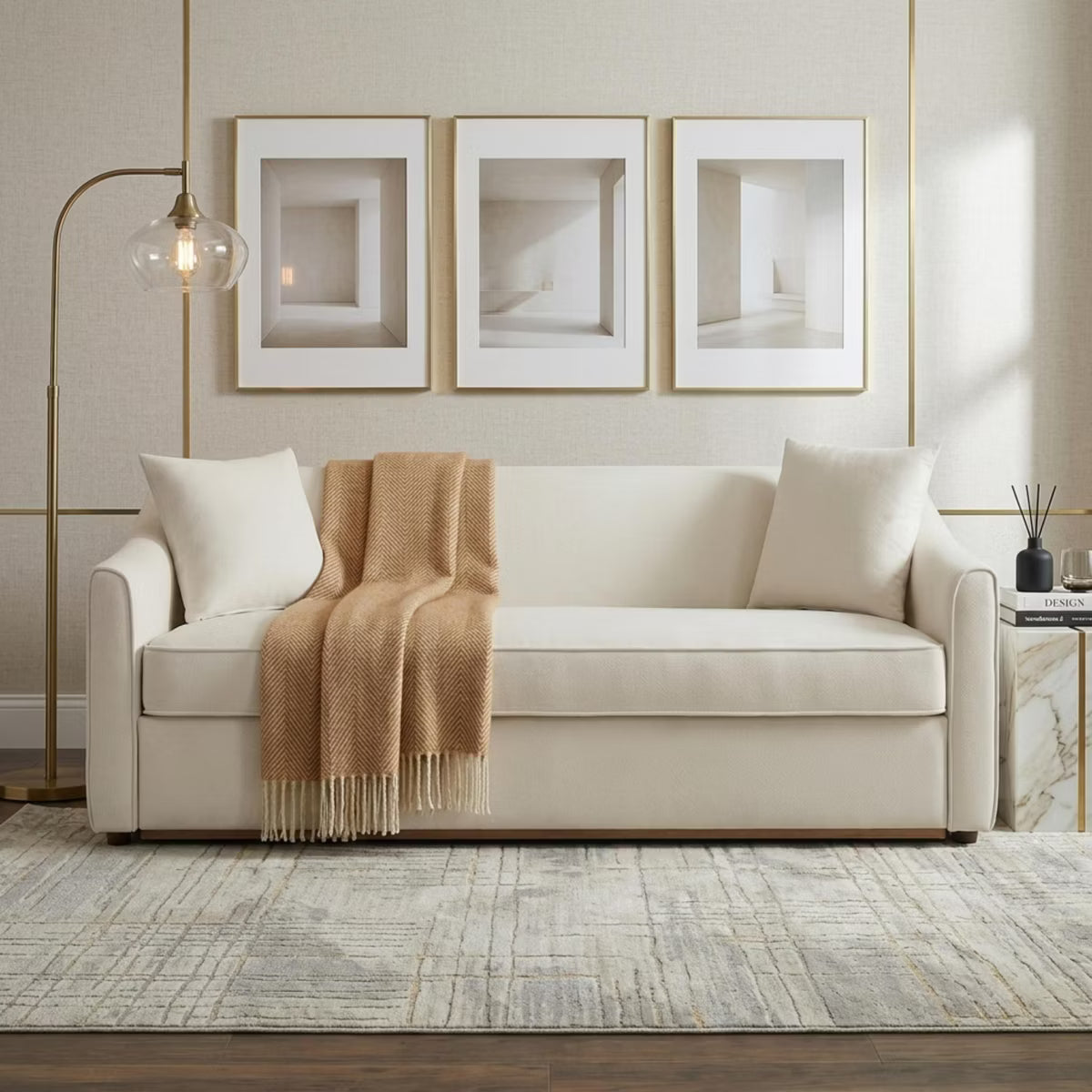 Polibi Modern Chenille 3-Seater Sofa with 2 Throw Pillows and Rubberwood Base, Beige