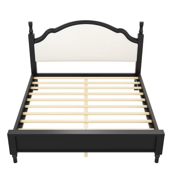 Polibi Wood Platform Bed with Upholstered Headboard, King, Beige+Black