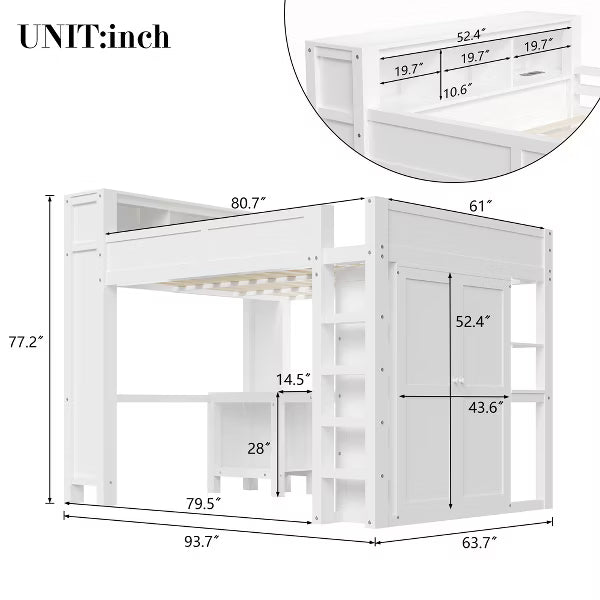 Polibi Queen Loft Bed with Built-in Wardrobe, Desk, USB Charging Headboard