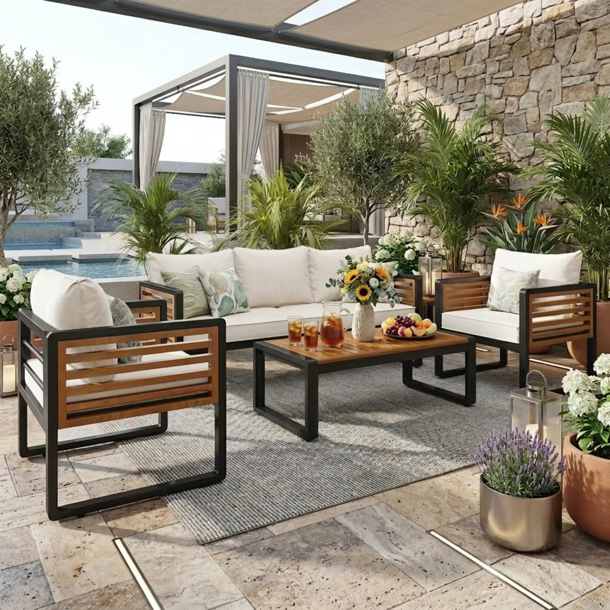 Polibi 4-Piece Outdoor Patio Conversation Set with Removable Cushions, Black & Beige
