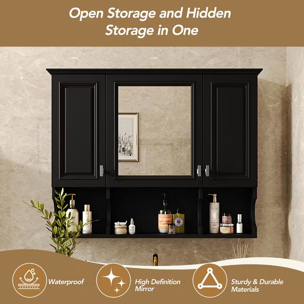 Polibi Modern Wall Mounted Bathroom Medicine Cabinet with Mirror, Open Shelves, Black