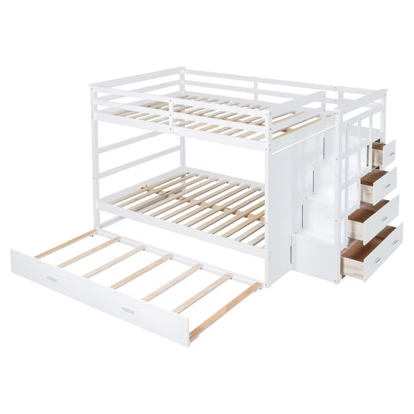 Polibi Full Over Full Bunk Bed with Pull-Out Twin Trundle, Storage Staircase & Safety Guardrails, White