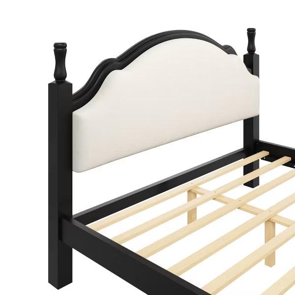 Polibi Wood Platform Bed with Upholstered Headboard, King, Beige+Black