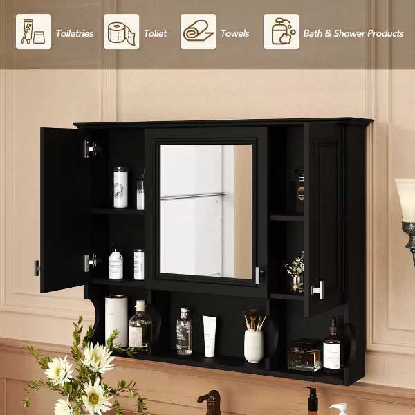 Polibi Modern Wall Mounted Bathroom Medicine Cabinet with Mirror, Open Shelves, Black