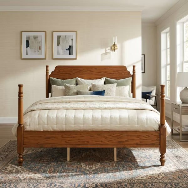 Polibi Spindle Post Bed Frame with Curved Wood Headboard, Queen, Walnut