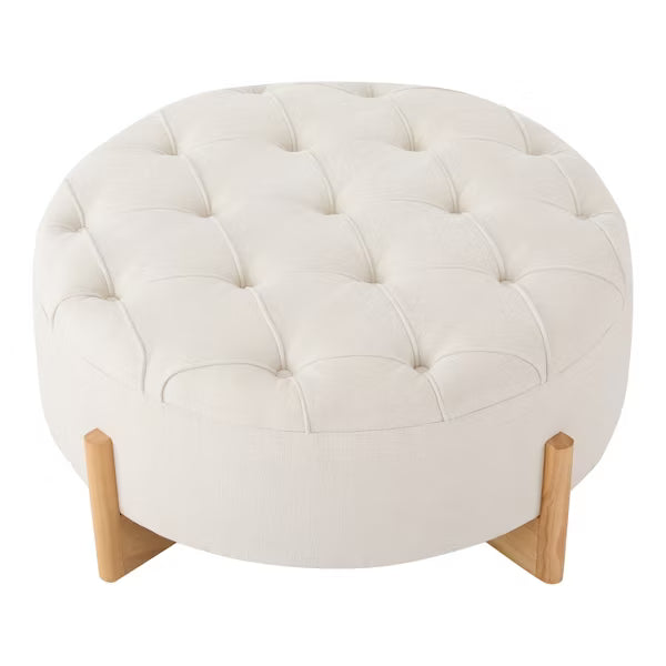 Polibi 32" Round Tufted Chenille Ottoman, Beige