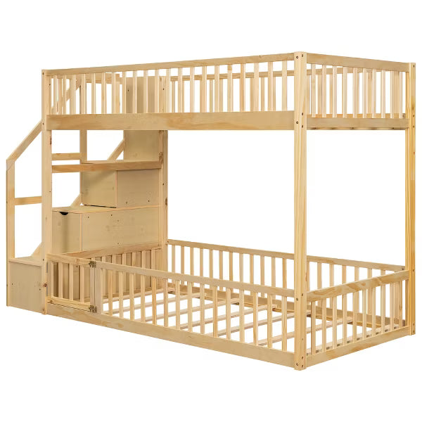 Polibi Low Bunk Bed with Fence-Style Rails and Built-In Storage Staircase