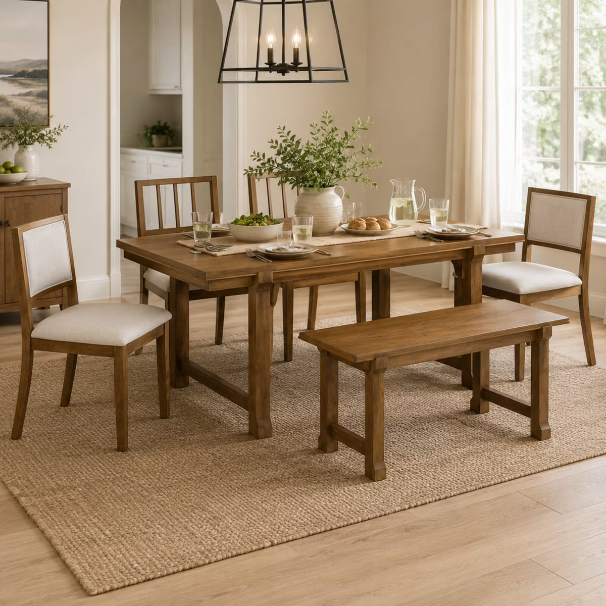 Polibi 6-Piece Dining Set with Oak Veneer Table, Walnut & Beige