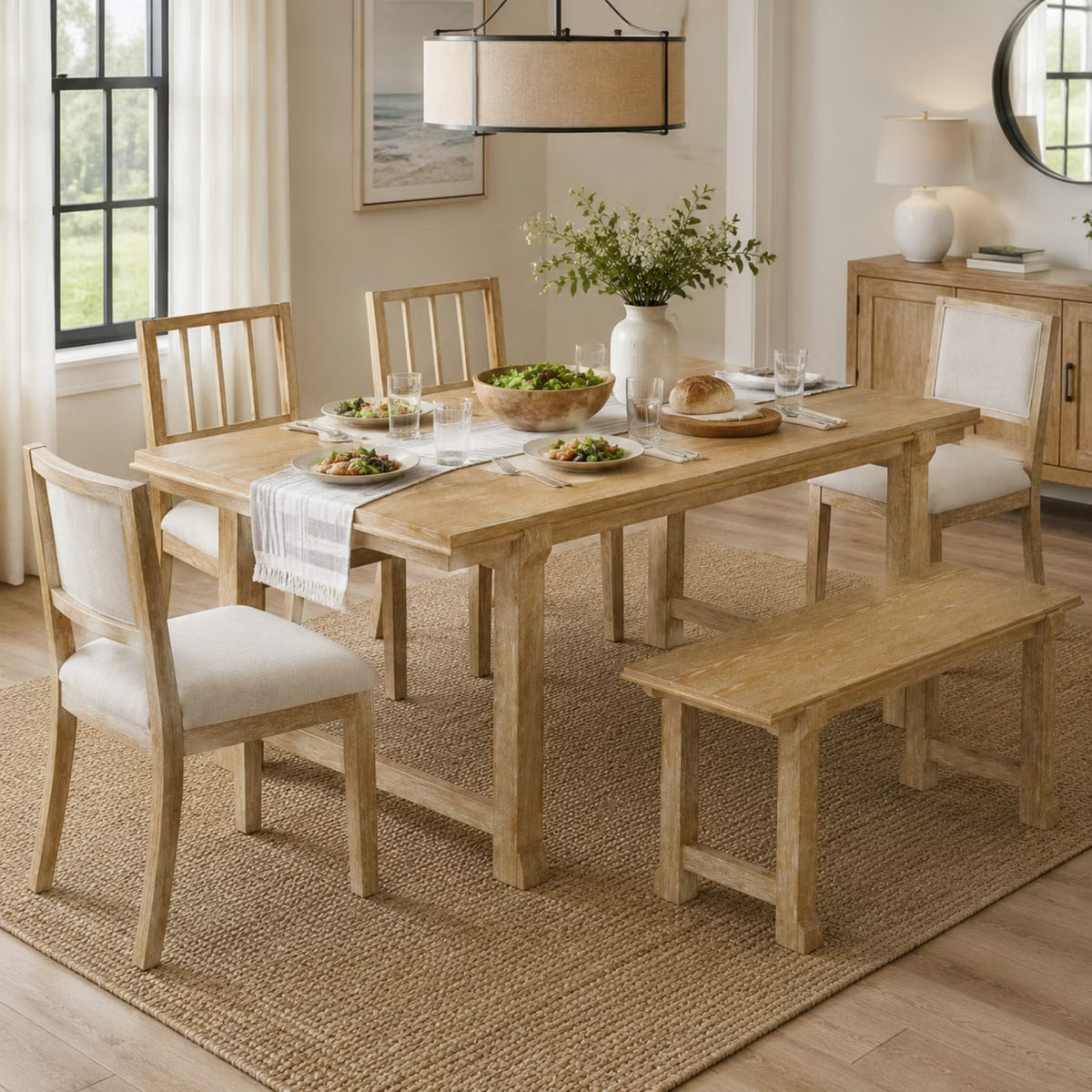 Polibi 6-Piece Dining Set with Oak Veneer Table, Natural Wood Wash & Beige