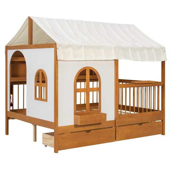 Polibi House Bed with Soft Tent Canopy, Bookshelf, Dual Drawers & USB Charging Ports
