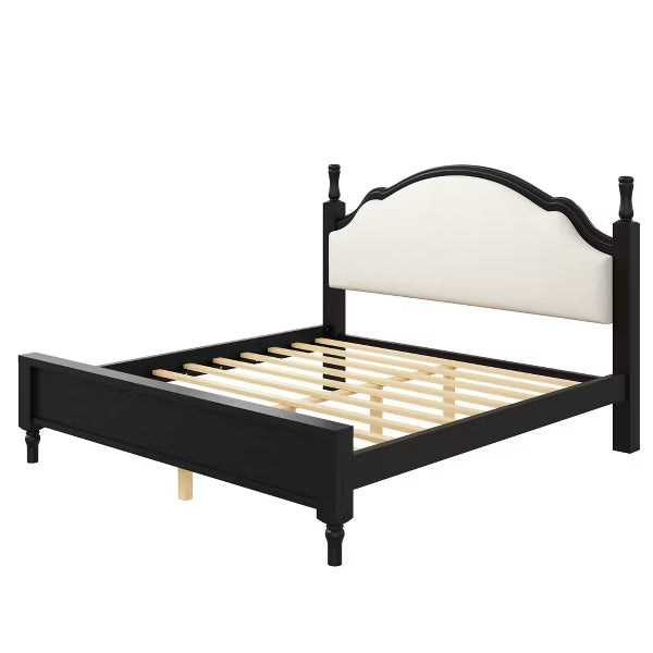 Polibi Wood Platform Bed with Upholstered Headboard, King, Beige+Black