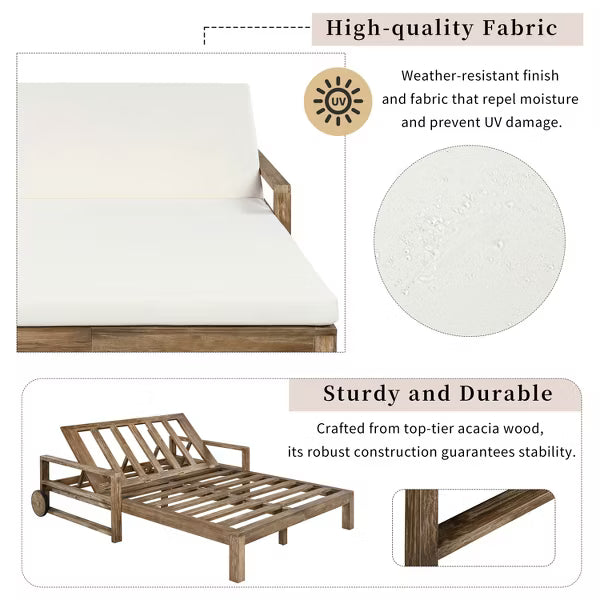 Polibi 2-Person Farmhouse Acacia Wood Outdoor Sunbed with Wheels, Beige