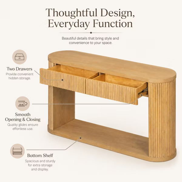 Polibi Modern Rustic Oval Fluted Console Table with 2 Drawers & Open Storage Shelf, Natural