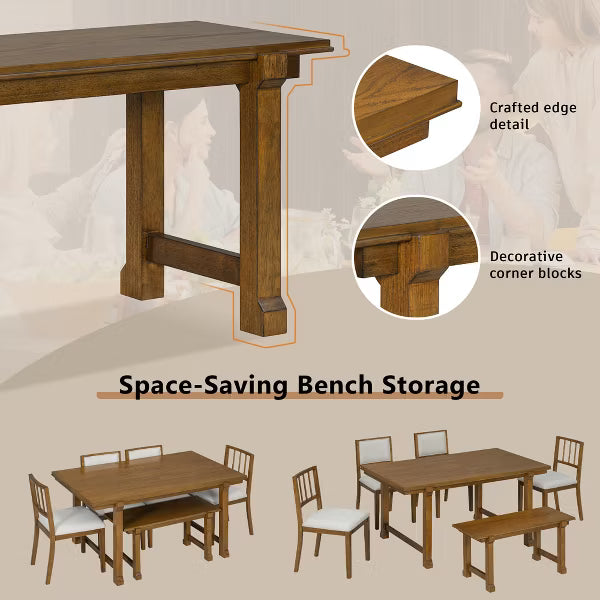 Polibi 6-Piece Dining Set with Oak Veneer Table, Walnut & Beige